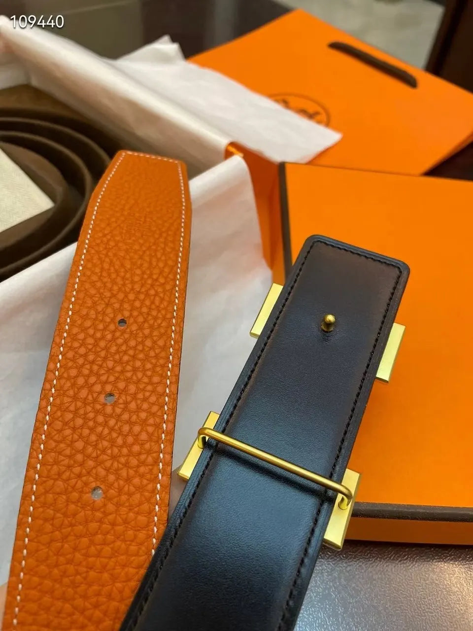 gold Hermes Orange Togo Leather Belt - Hình 5