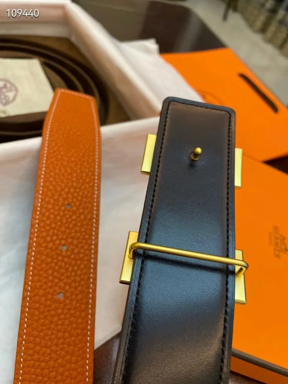 gold Hermes Orange Togo Leather Belt - Hình 6