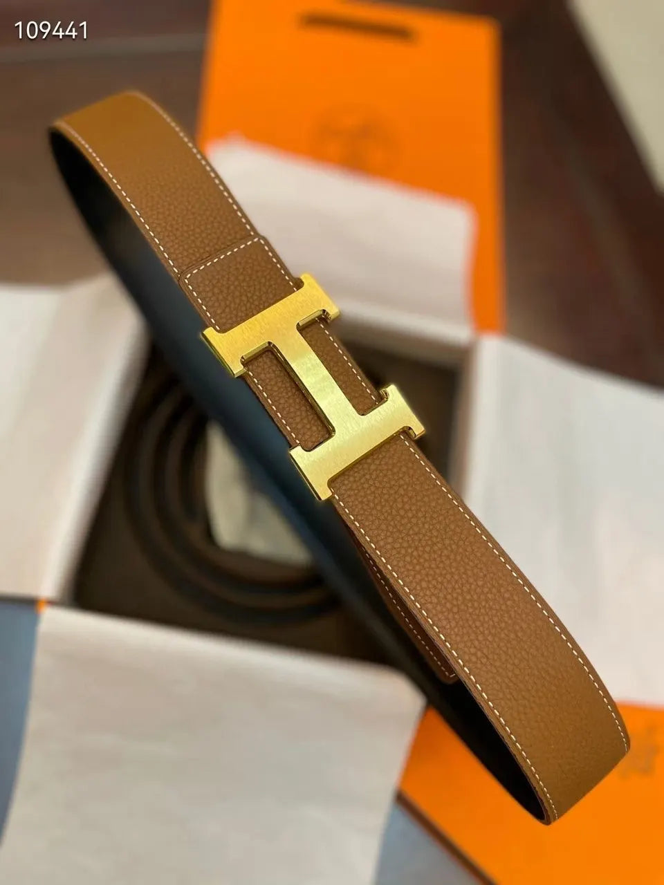 Hermes Gold Buckle Tan Leather Belt designer style