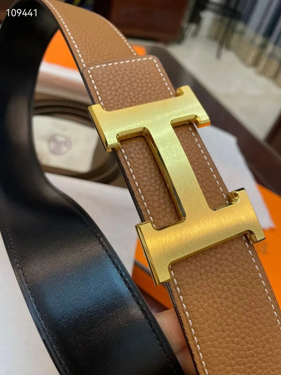 Hermes Gold Buckle Tan Leather Belt designer style - Hình 2