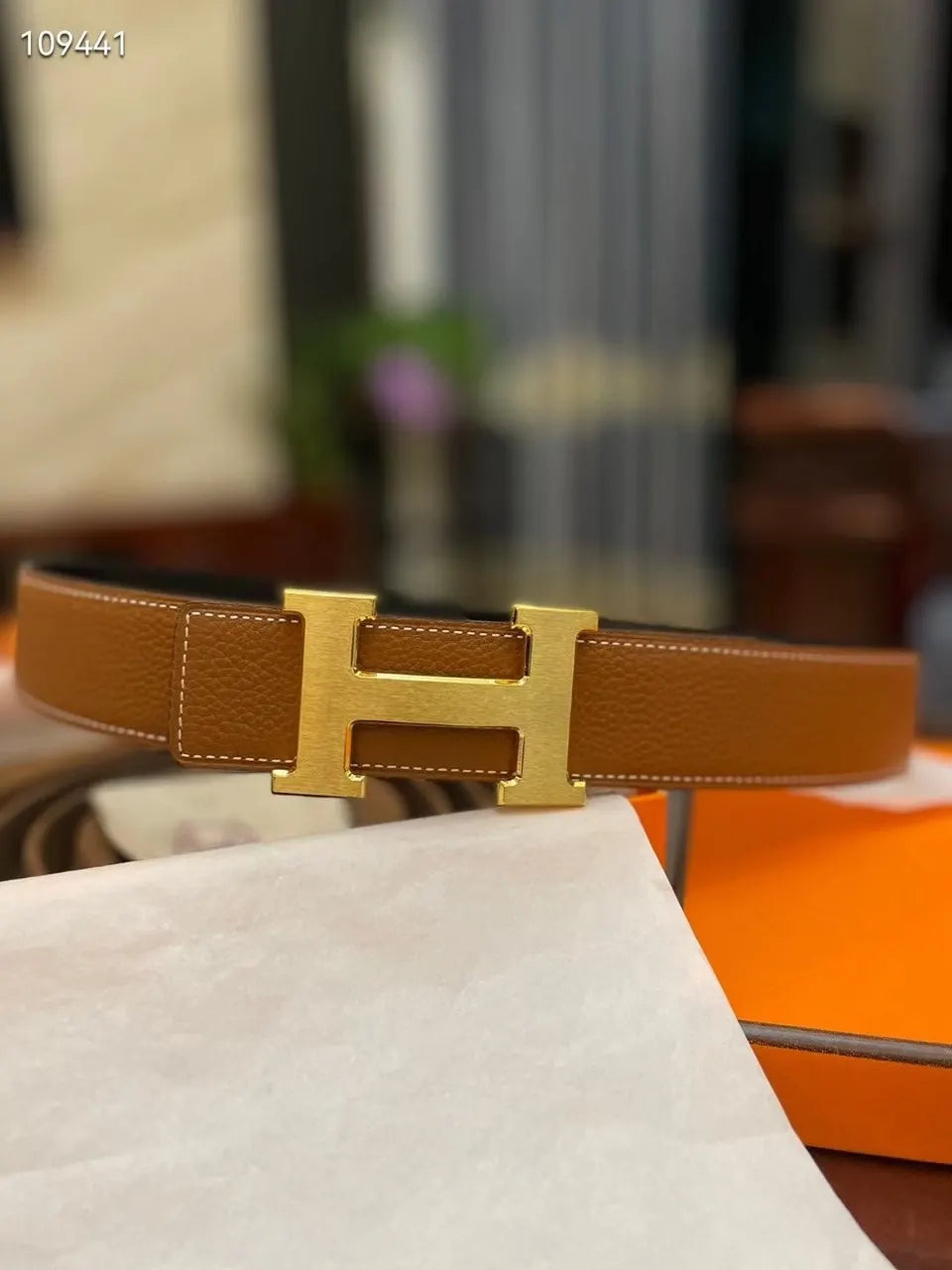 Hermes Gold Buckle Tan Leather Belt designer style - Hình 3