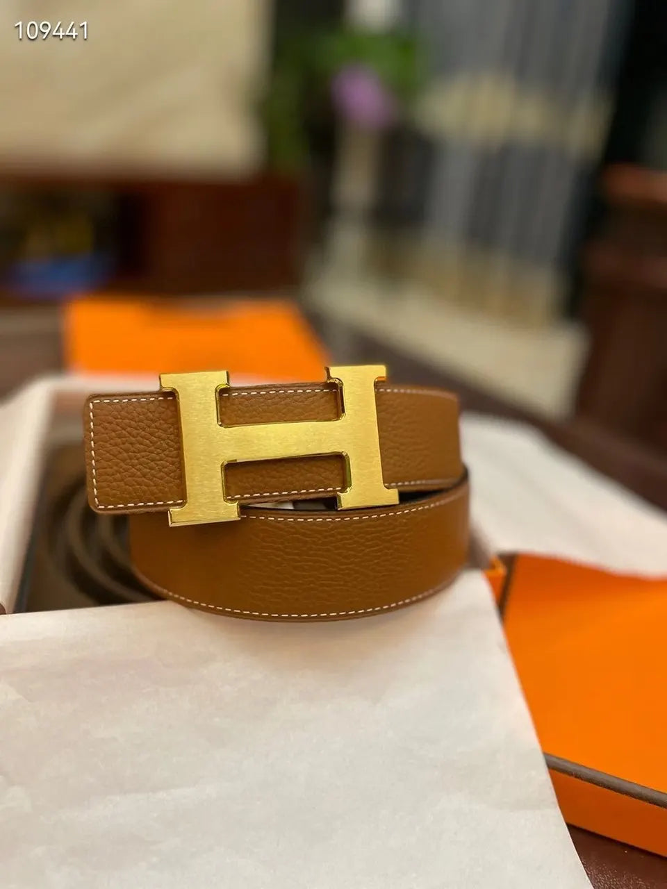Hermes Gold Buckle Tan Leather Belt designer style - Hình 4