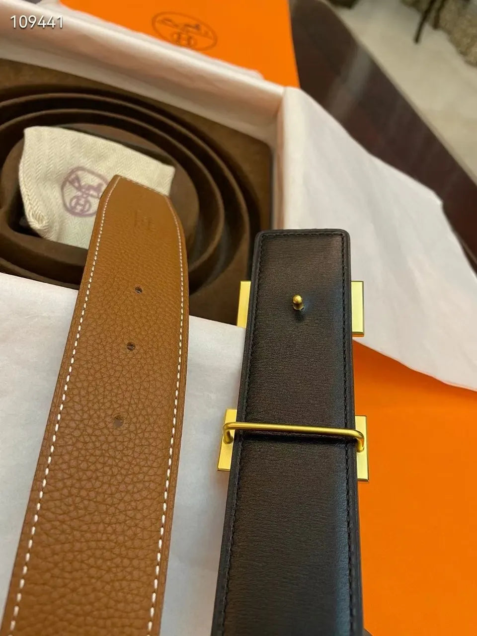 Hermes Gold Buckle Tan Leather Belt designer style - Hình 5