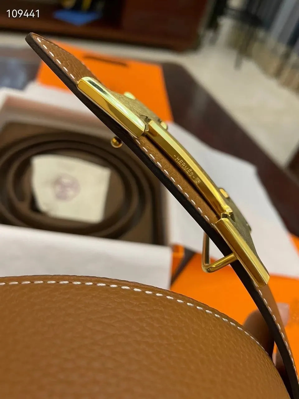 Hermes Gold Buckle Tan Leather Belt designer style - Hình 6