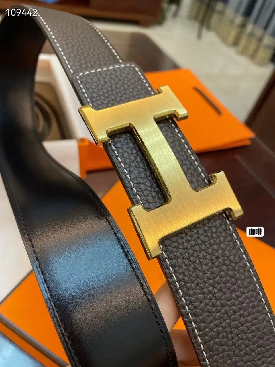 Hermes Brown Leather Belt gold buckle