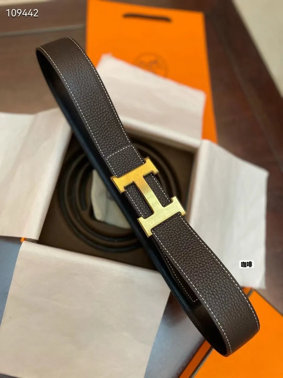Hermes Brown Leather Belt gold buckle - Hình 2