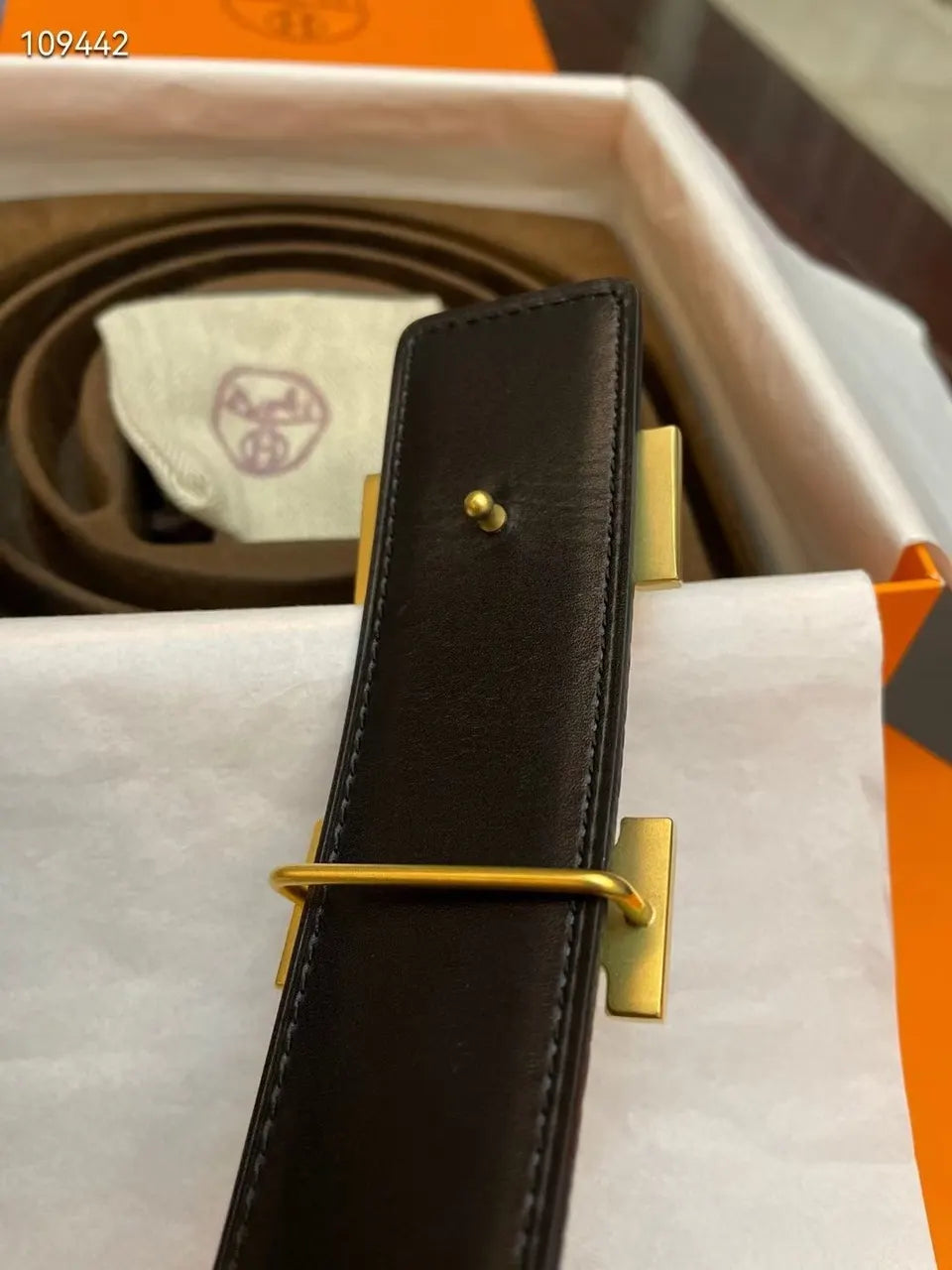 Hermes Brown Leather Belt gold buckle - Hình 3