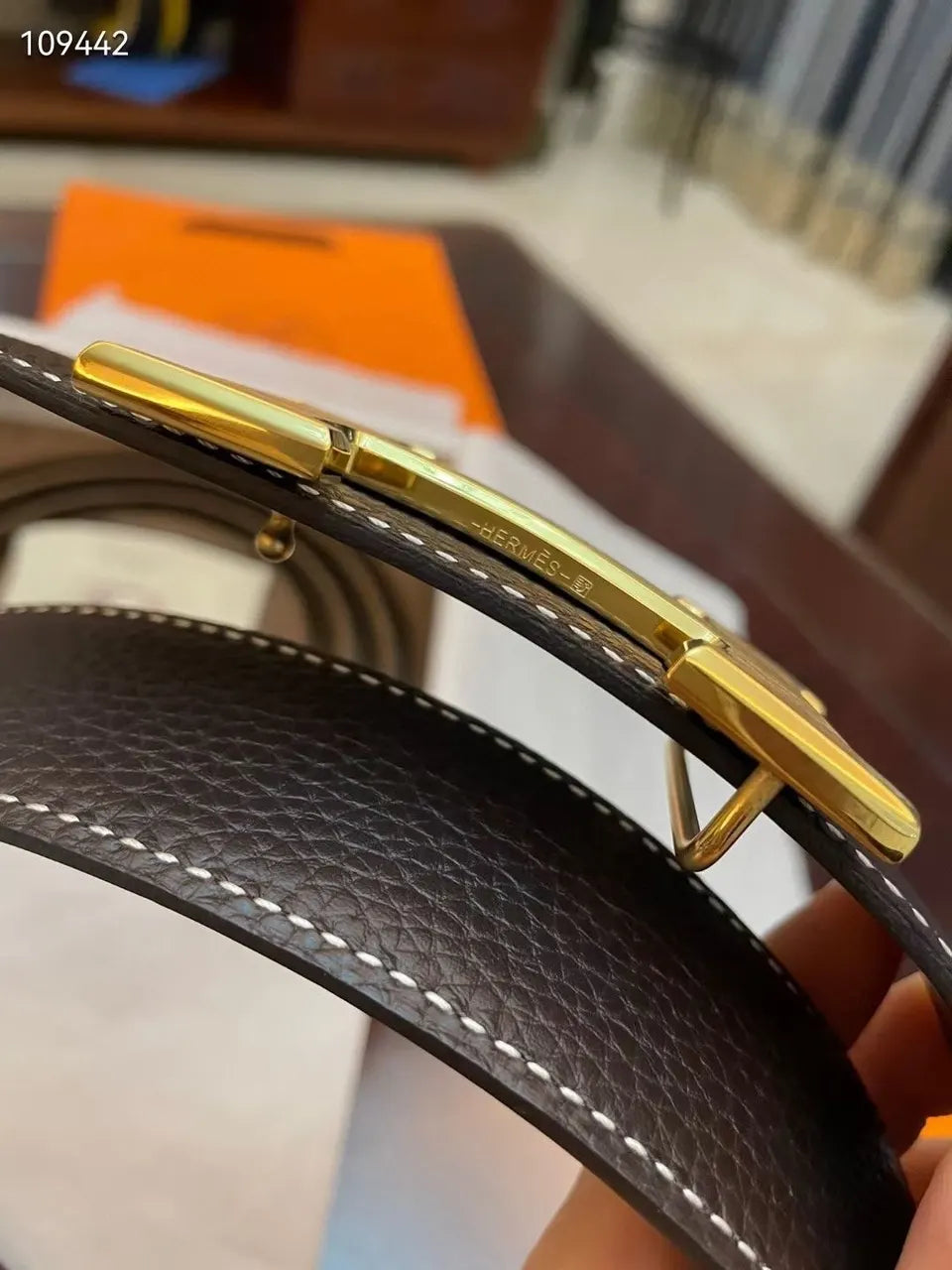Hermes Brown Leather Belt gold buckle - Hình 4