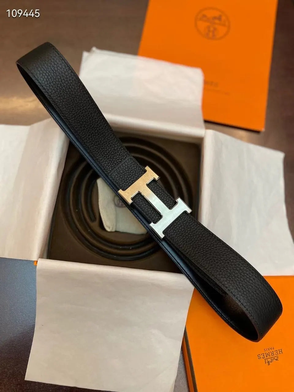 Hermes Black Pebbled Leather Belt silver