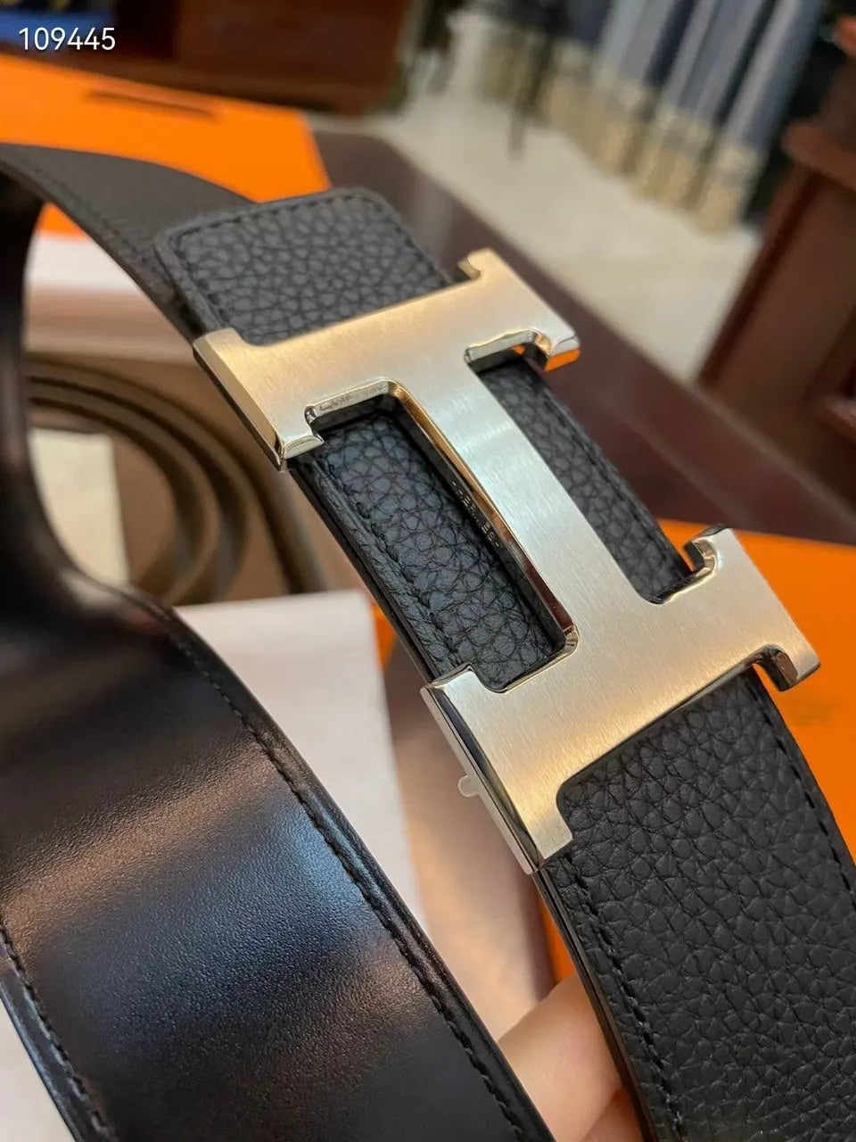 Hermes Black Pebbled Leather Belt silver - Hình 2