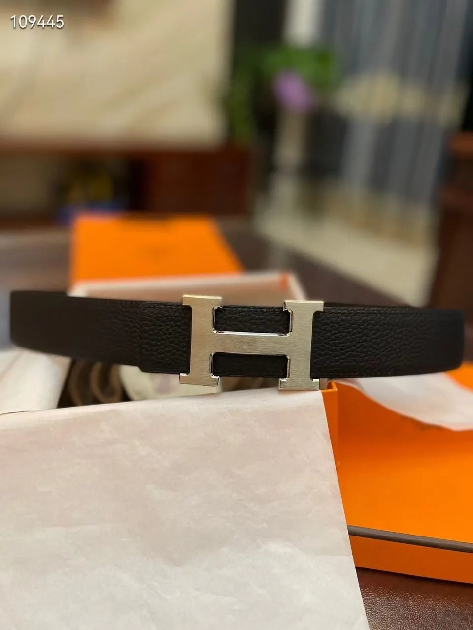 Hermes Black Pebbled Leather Belt silver - Hình 3