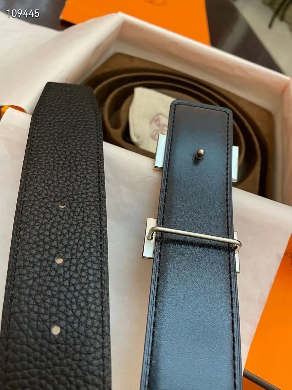 Hermes Black Pebbled Leather Belt silver - Hình 4