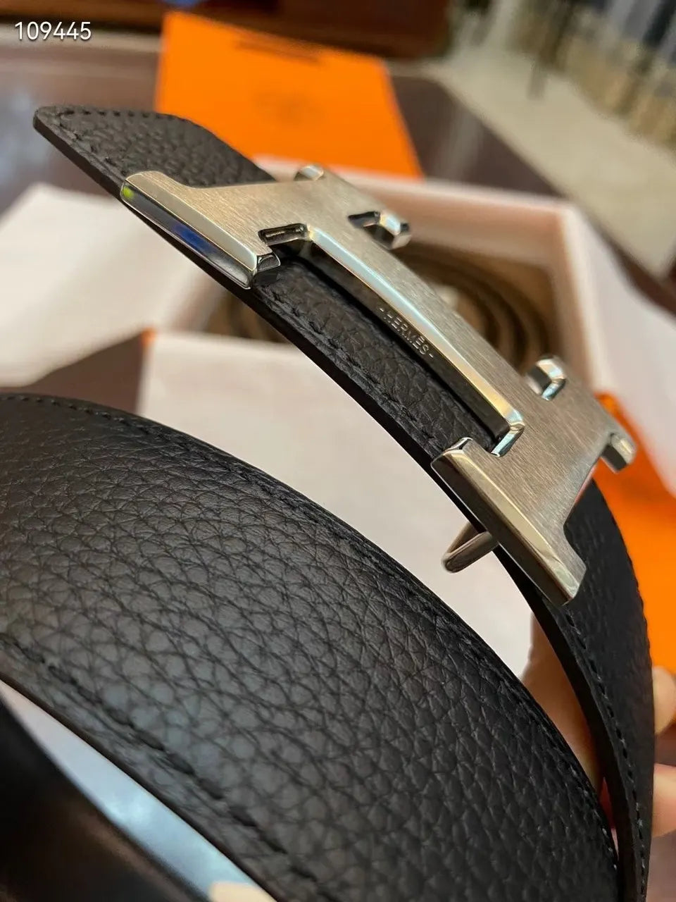 Hermes Black Pebbled Leather Belt silver - Hình 5