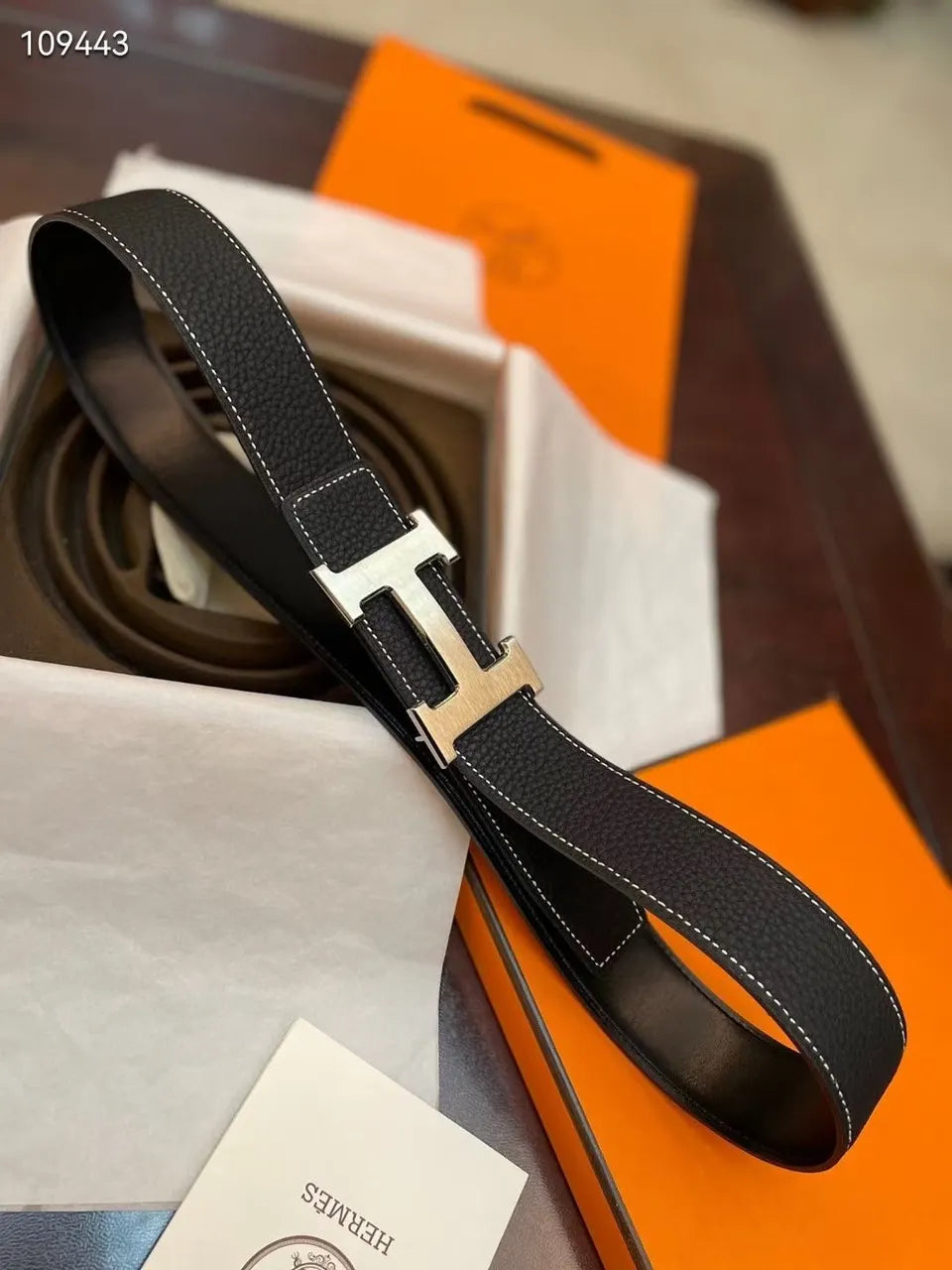 Hermes Black Leather Belt Silver Stitch
