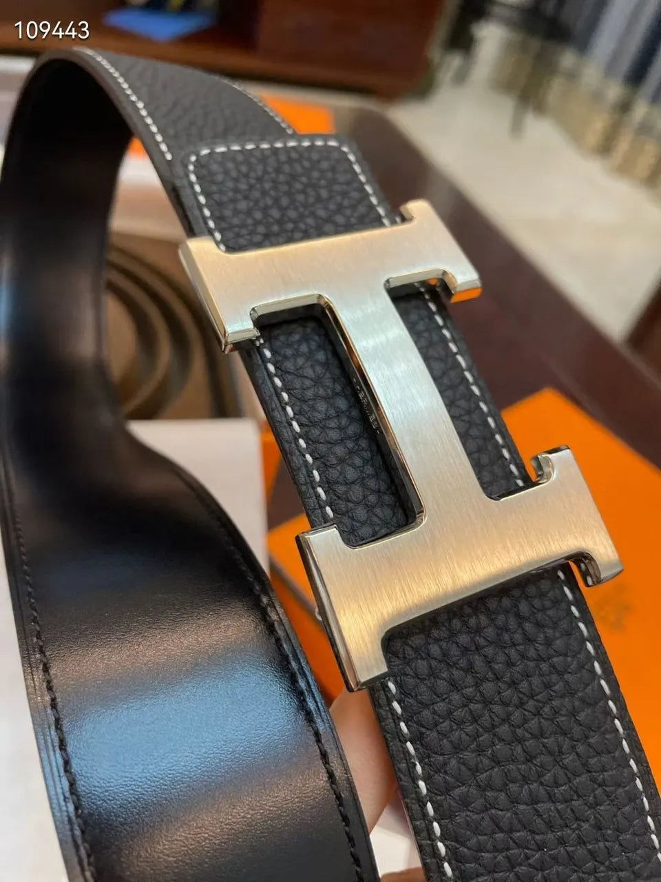 Hermes Black Leather Belt Silver Stitch - Hình 2