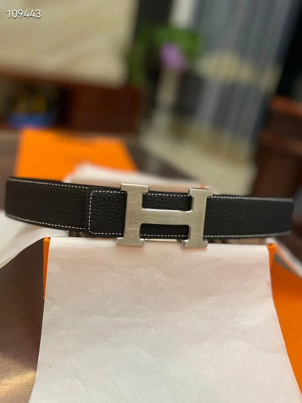 Hermes Black Leather Belt Silver Stitch - Hình 3