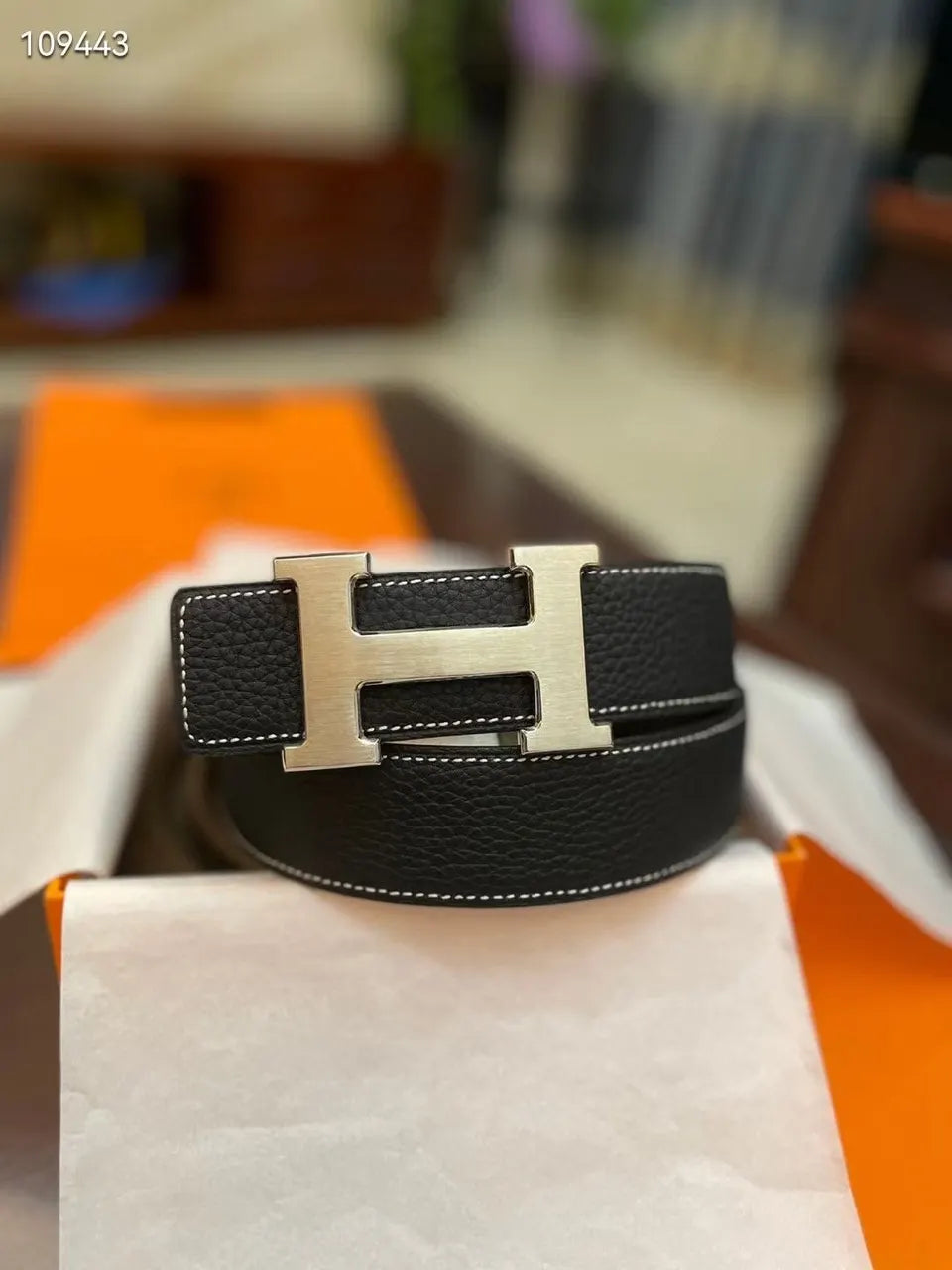 Hermes Black Leather Belt Silver Stitch - Hình 4