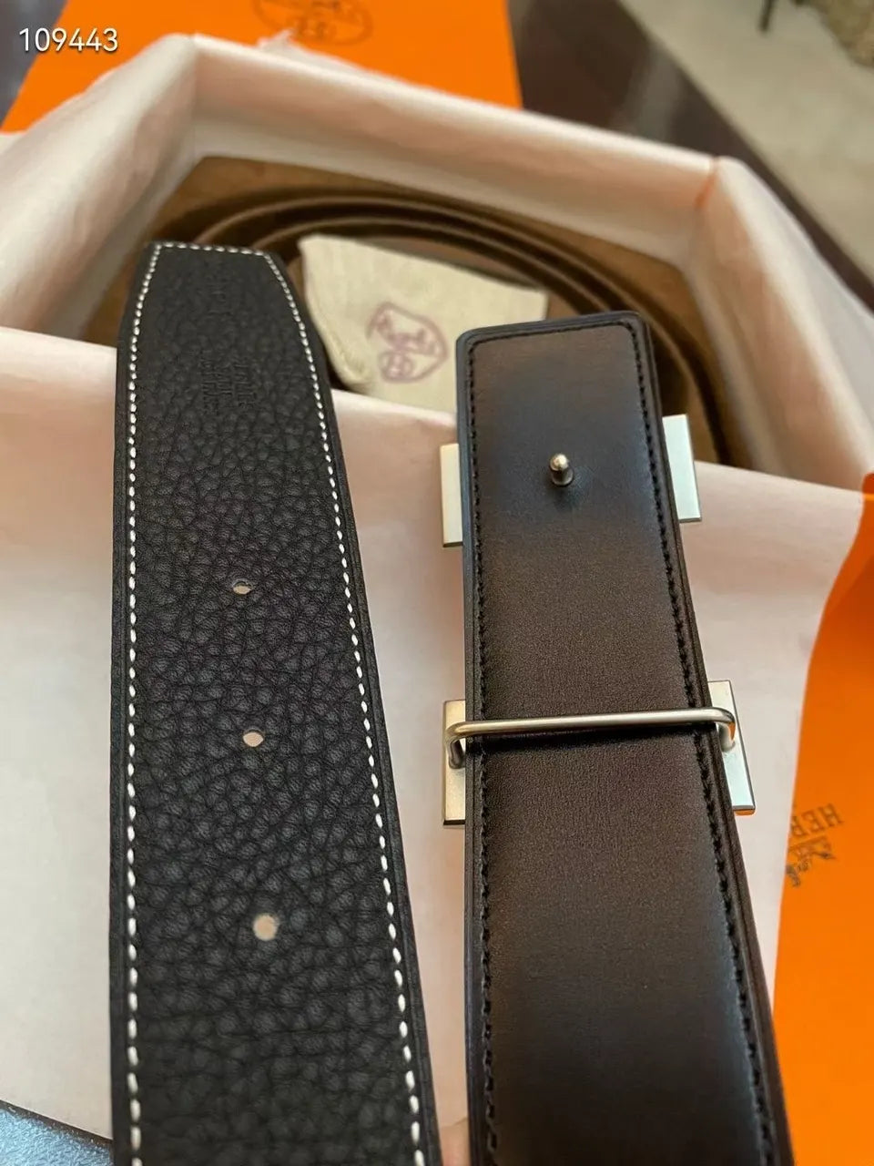 Hermes Black Leather Belt Silver Stitch - Hình 5