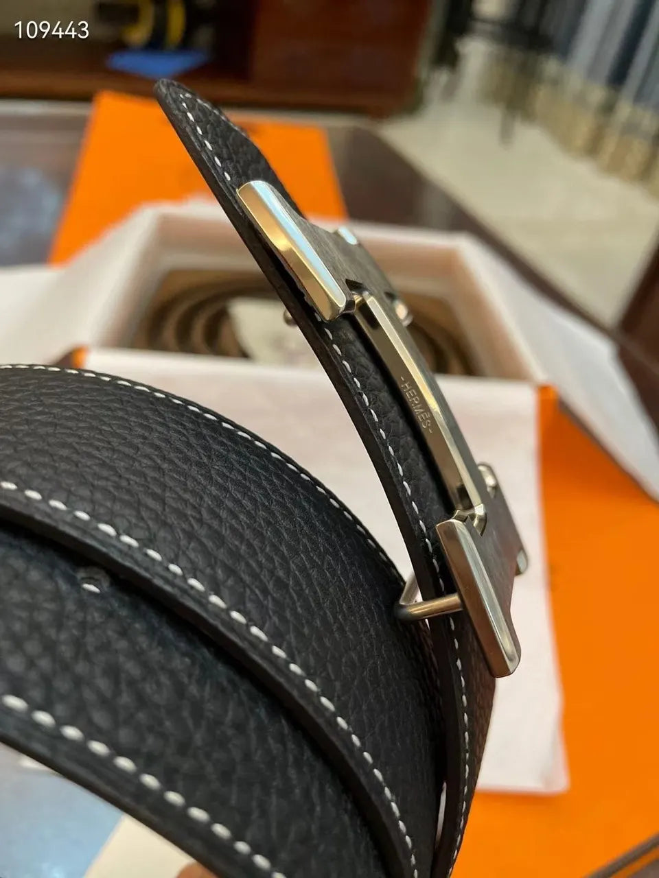 Hermes Black Leather Belt Silver Stitch - Hình 6
