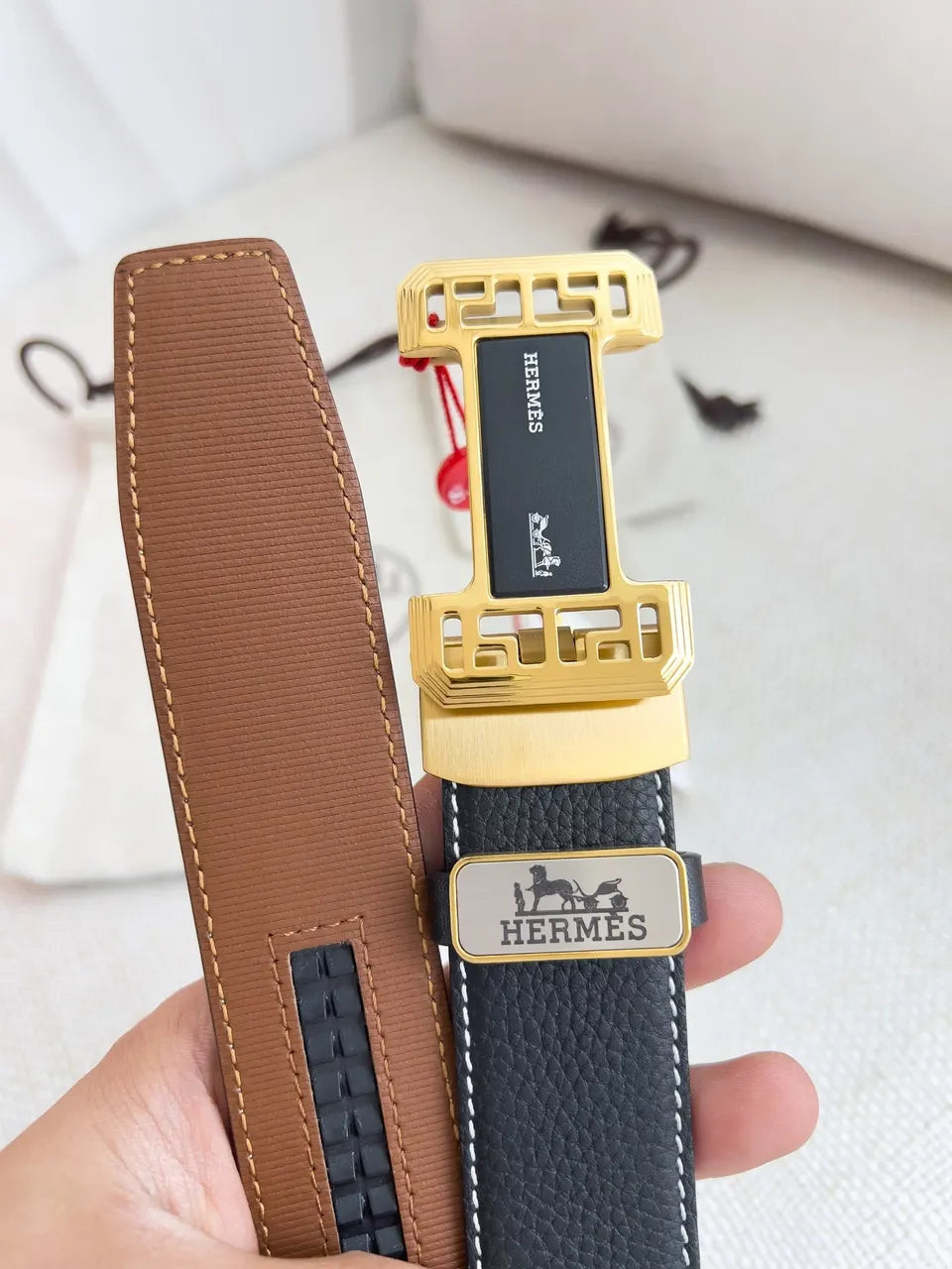 Hermes Gold T Buckle Belt - Hình 8