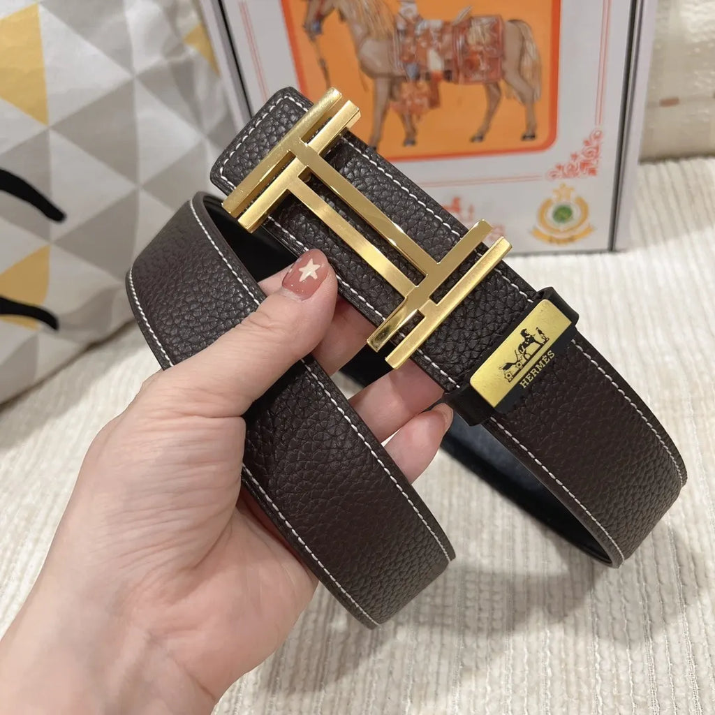 leather Hermes Black Silver Buckle Belt - Hình 2