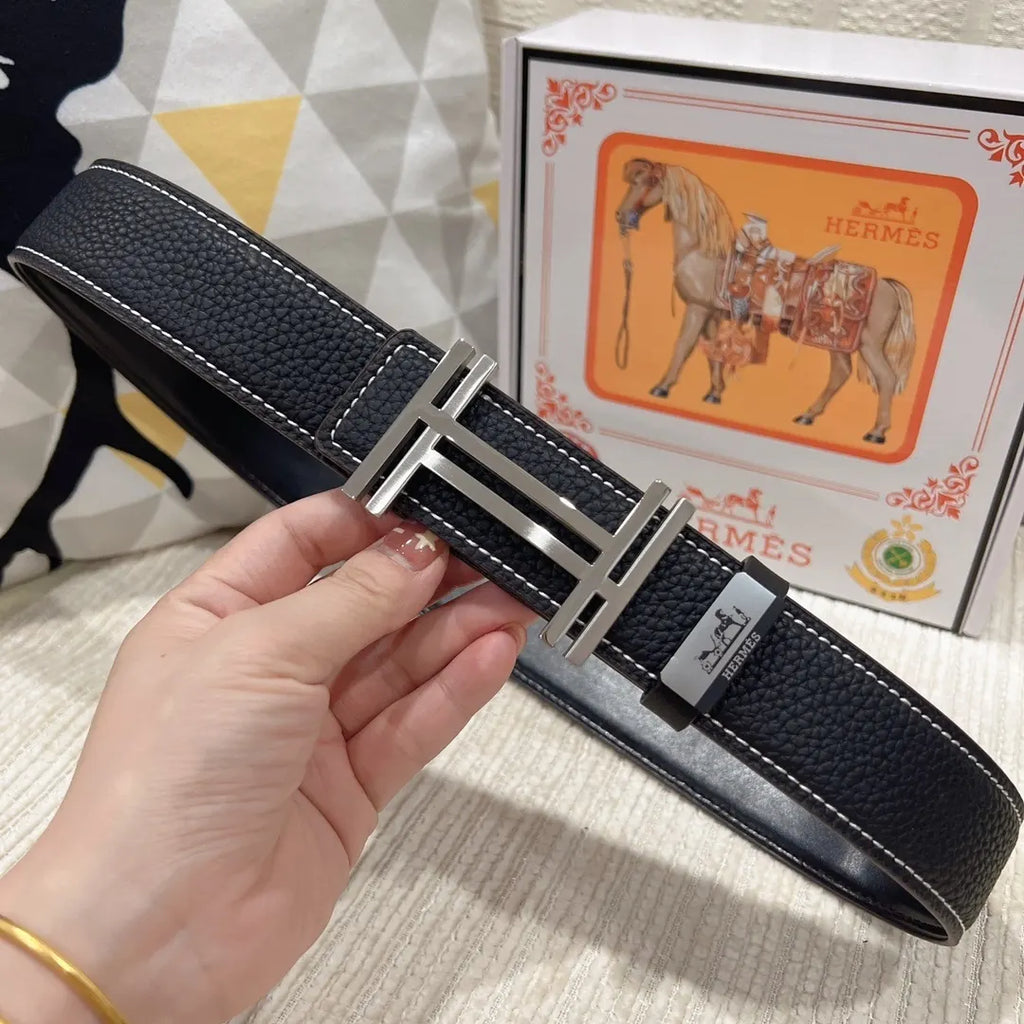 leather Hermes Black Silver Buckle Belt - Hình 3