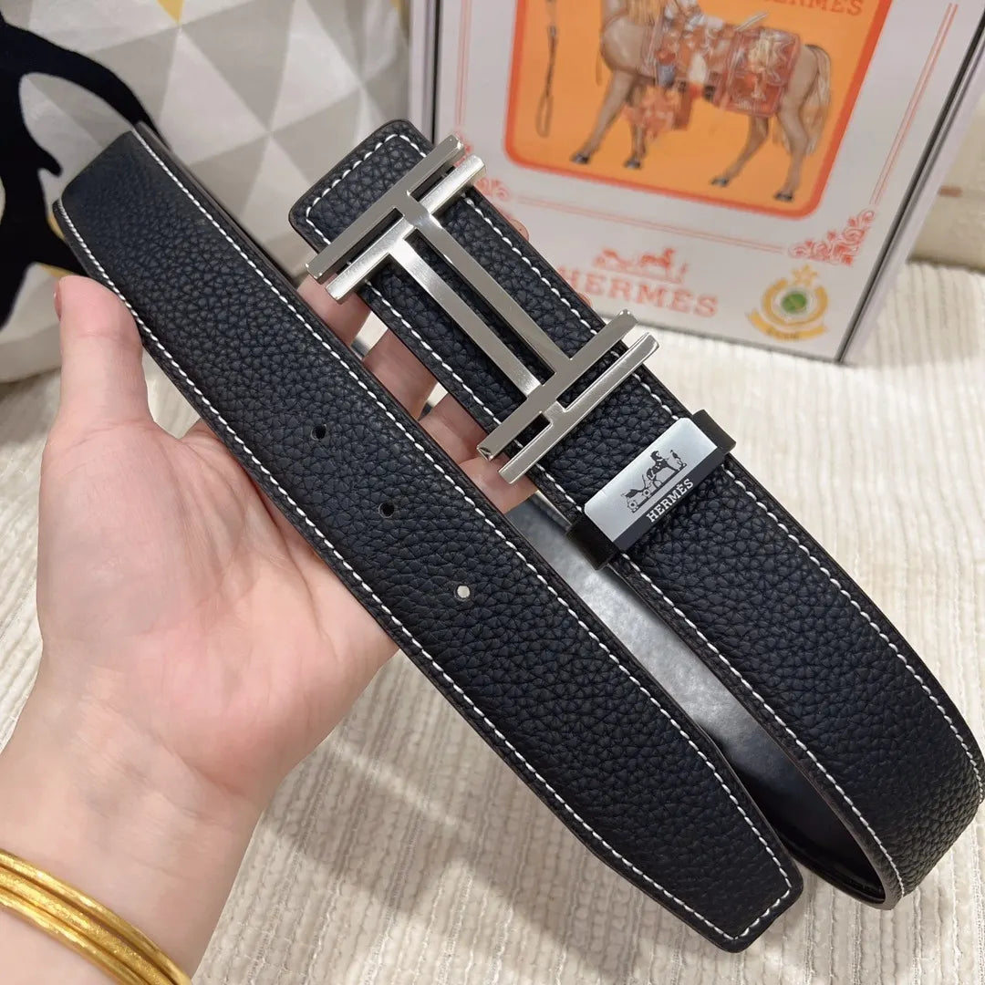 leather Hermes Black Silver Buckle Belt - Hình 5
