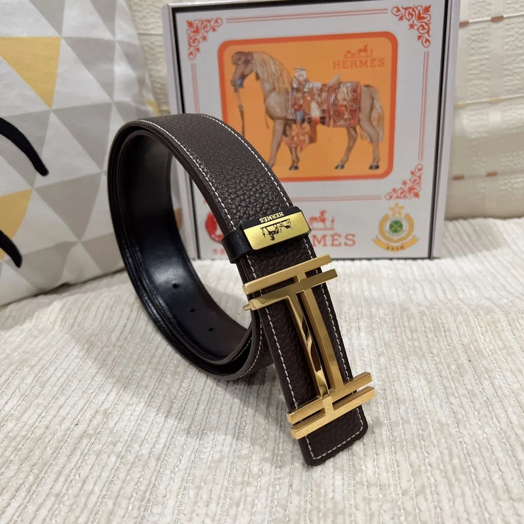 gold buckle Hermes Dark Brown Leather Belt