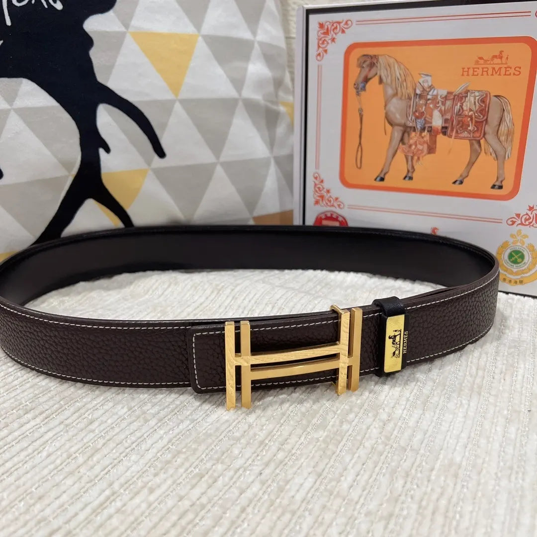 gold buckle Hermes Dark Brown Leather Belt - Hình 2