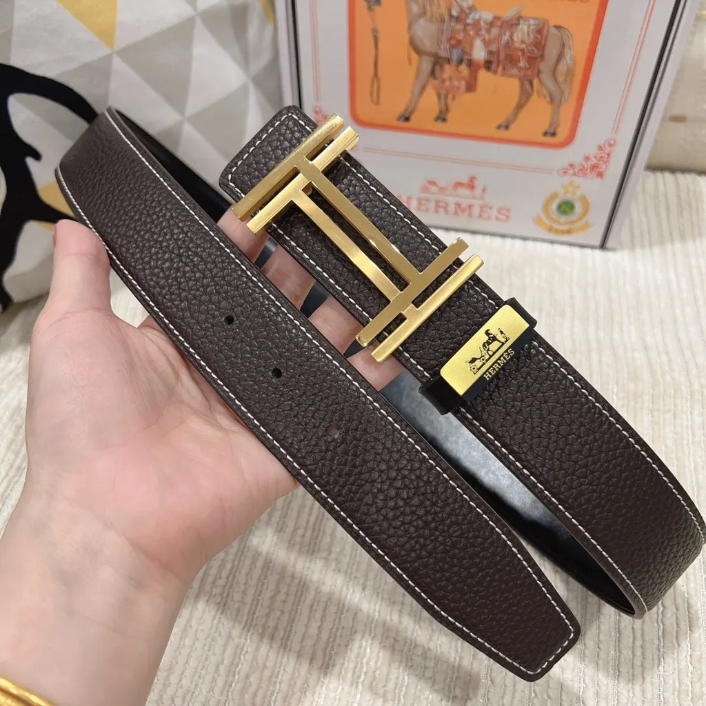 gold buckle Hermes Dark Brown Leather Belt - Hình 4