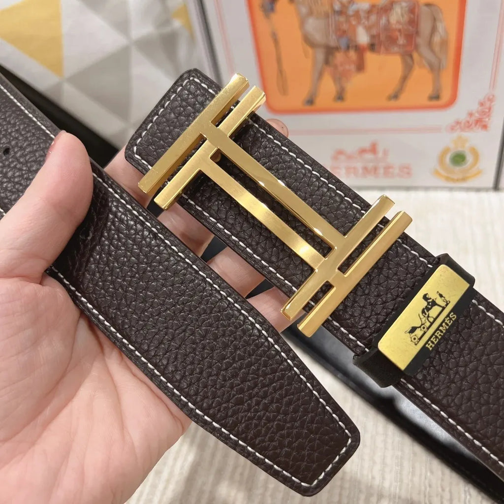 gold buckle Hermes Dark Brown Leather Belt - Hình 5