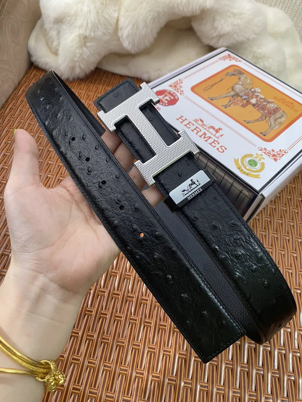 silver Hermes Ostrich Leather Belt - Hình 2