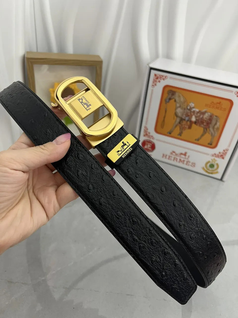 Hermes Black Ostrich Belt - Hình 2