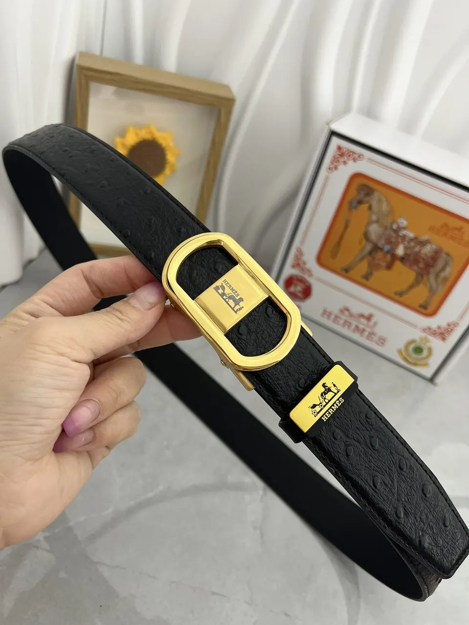 Hermes Black Ostrich Belt - Hình 3