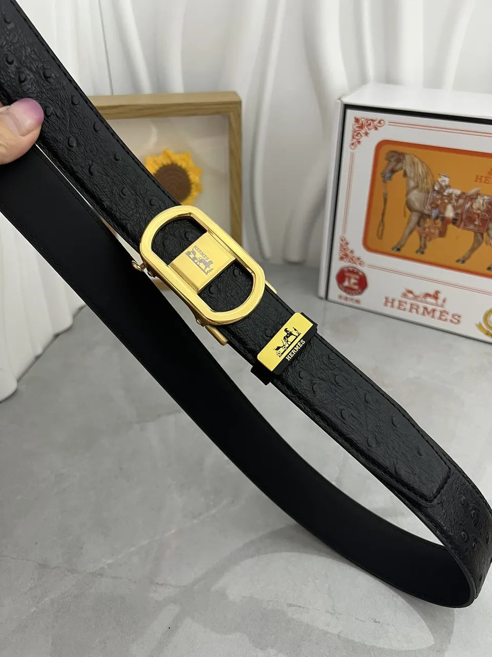 Hermes Black Ostrich Belt - Hình 4