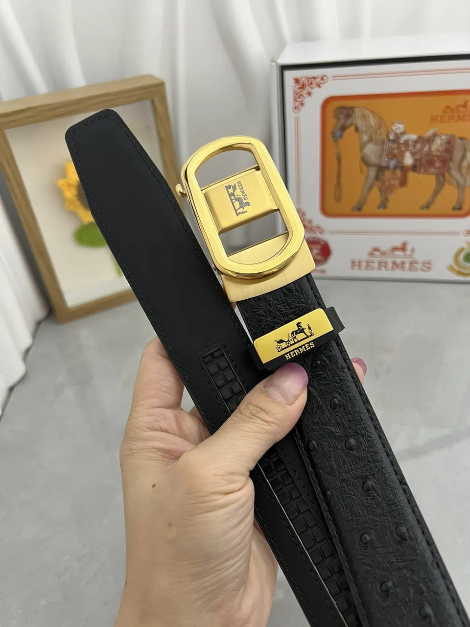 Hermes Black Ostrich Belt - Hình 5