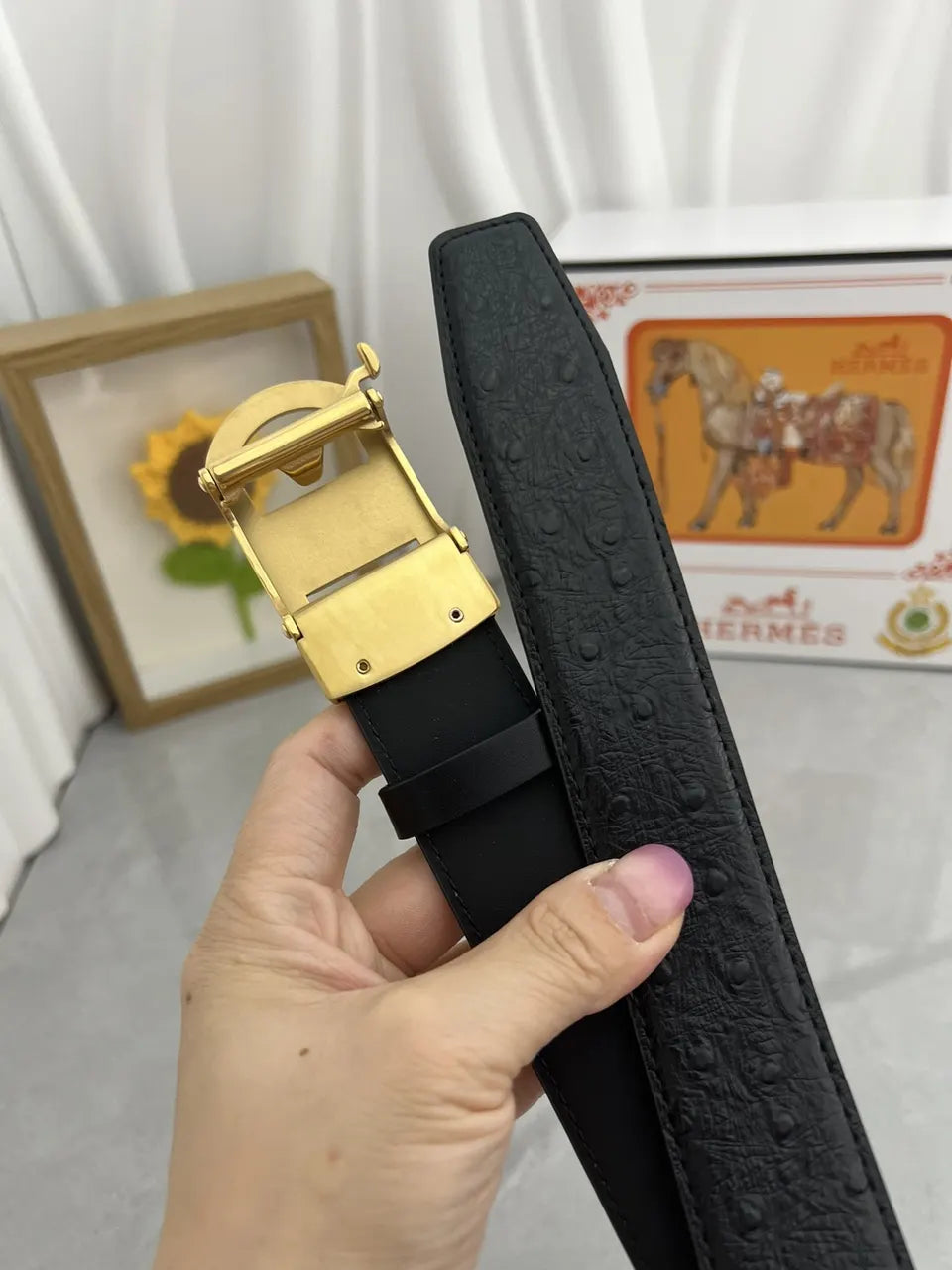 Hermes Black Ostrich Belt - Hình 6
