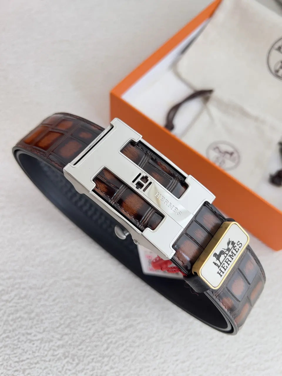 Hermes Brown Crocodile Leather Belt - Hình 3