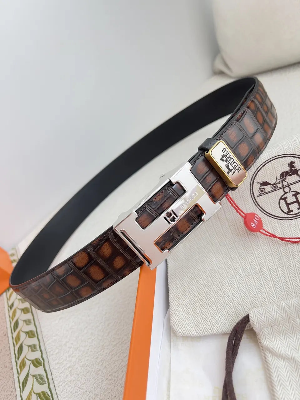 Hermes Brown Crocodile Leather Belt - Hình 5