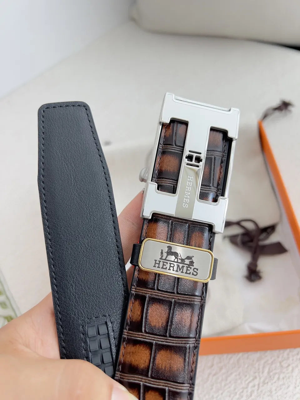 Hermes Brown Crocodile Leather Belt - Hình 7