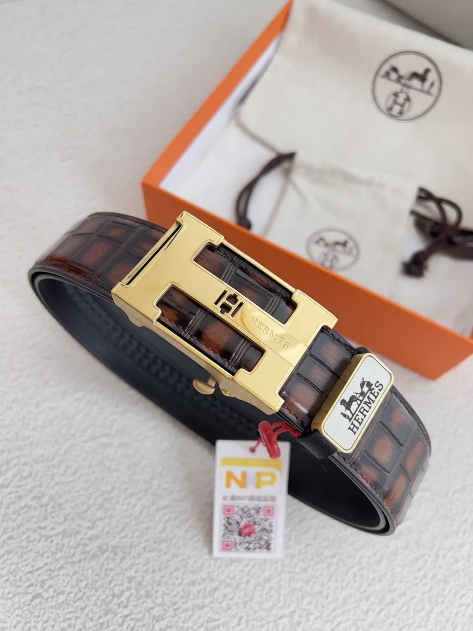gold Hermes Brown Crocodile Belt - Hình 2