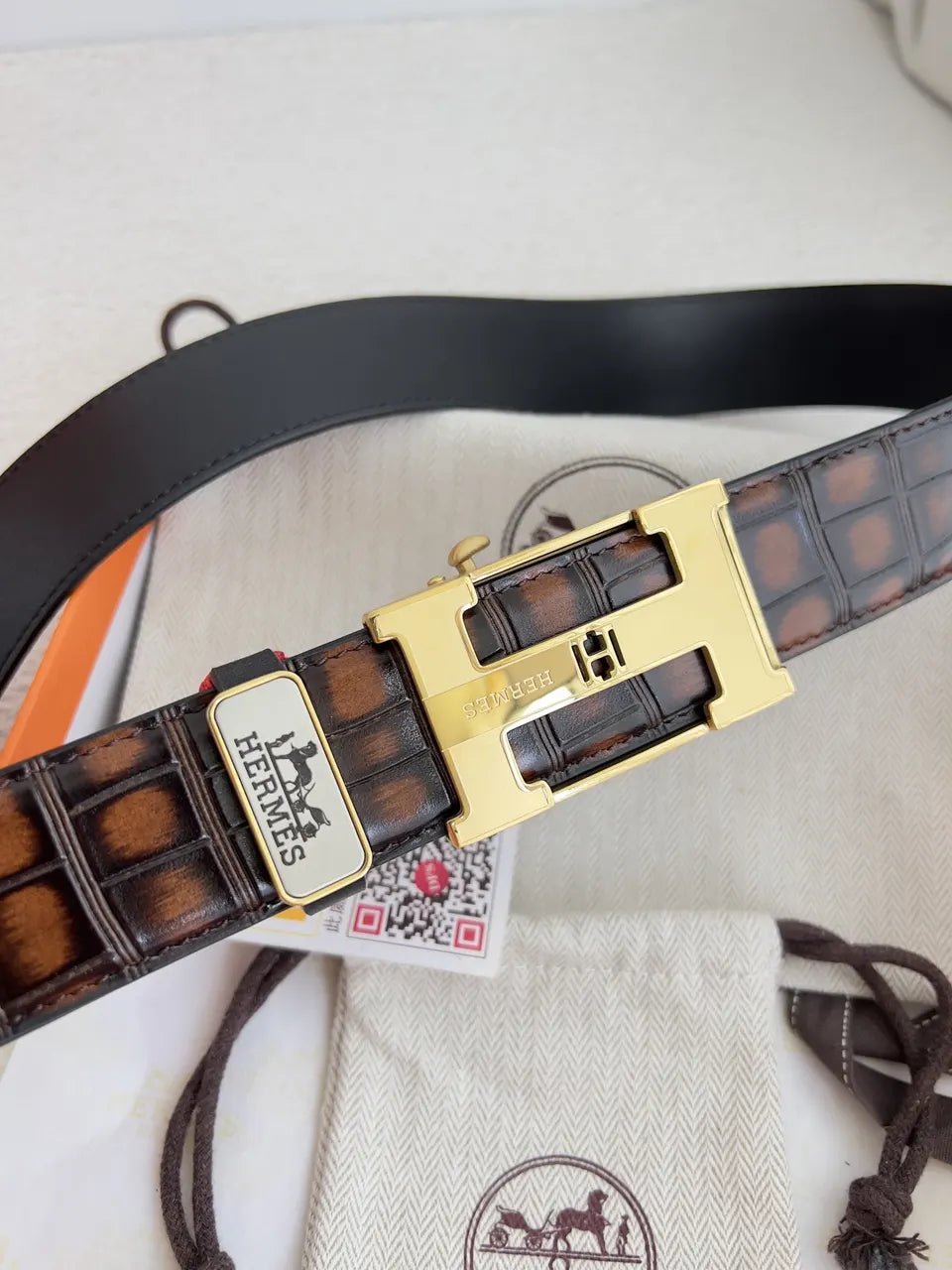 gold Hermes Brown Crocodile Belt - Hình 4