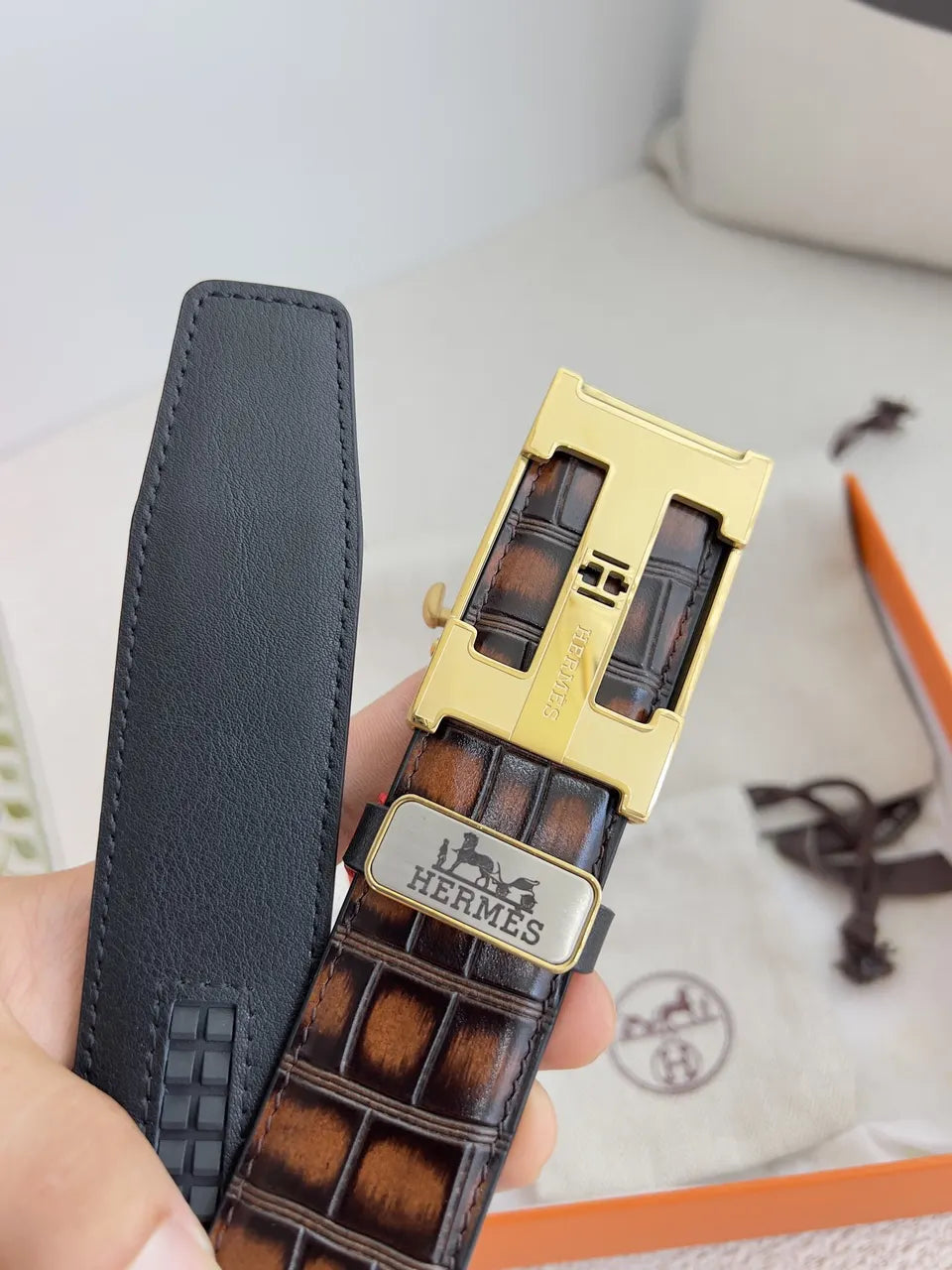 gold Hermes Brown Crocodile Belt - Hình 6