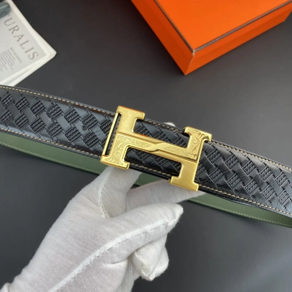 Hermes Black Woven Green Leather Belt
