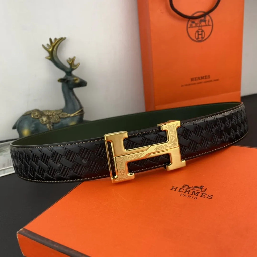Hermes Black Woven Green Leather Belt - Hình 2