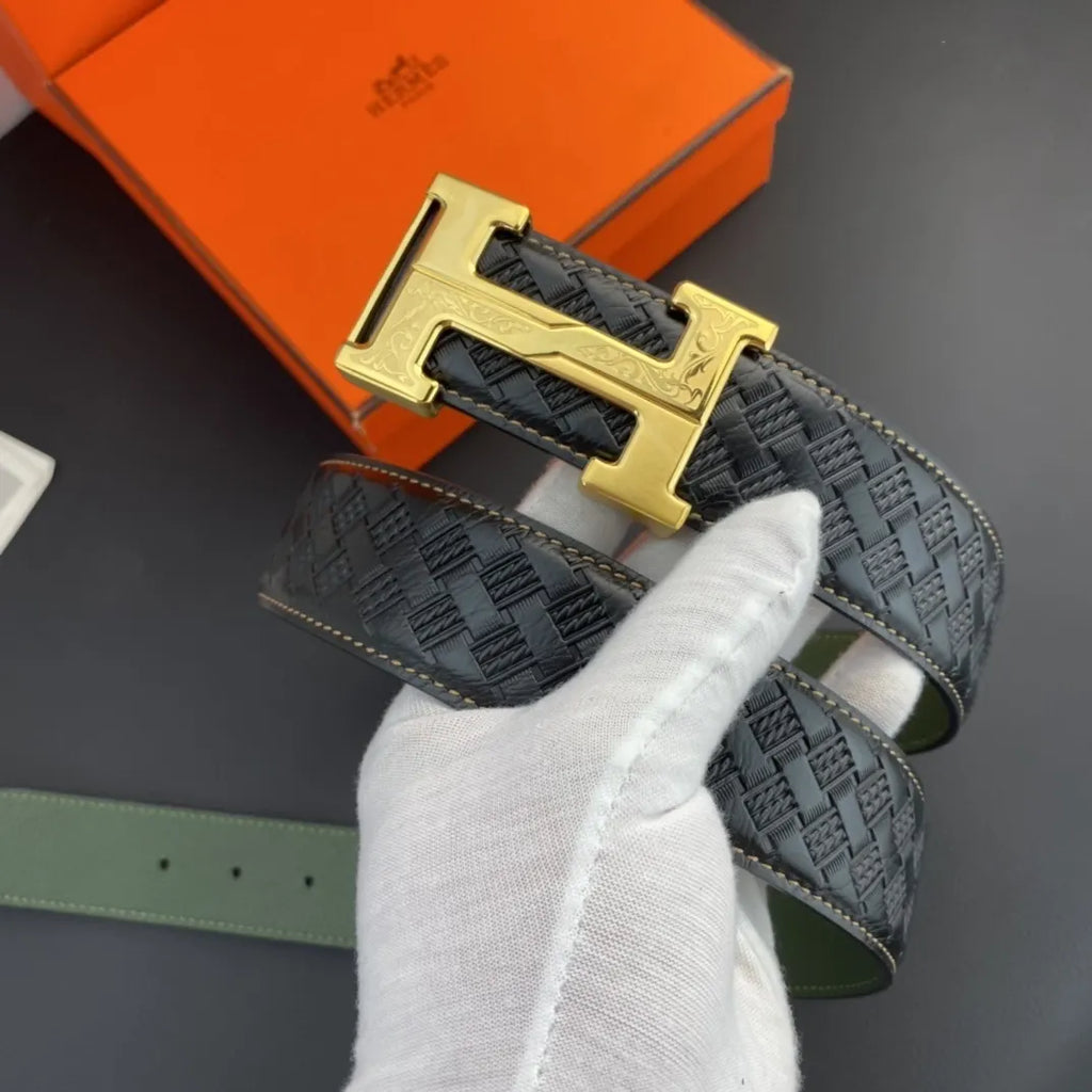 Hermes Black Woven Green Leather Belt - Hình 3