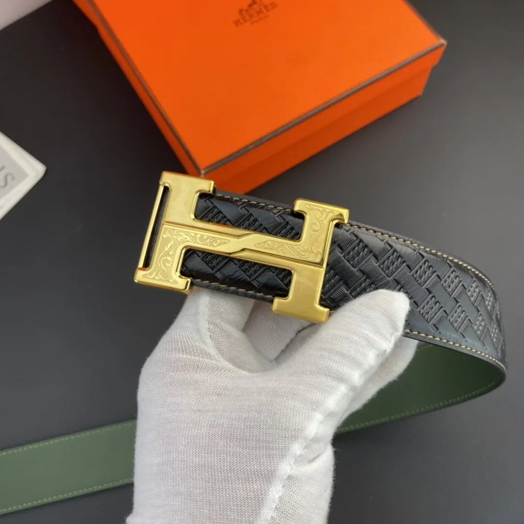 Hermes Black Woven Green Leather Belt - Hình 4