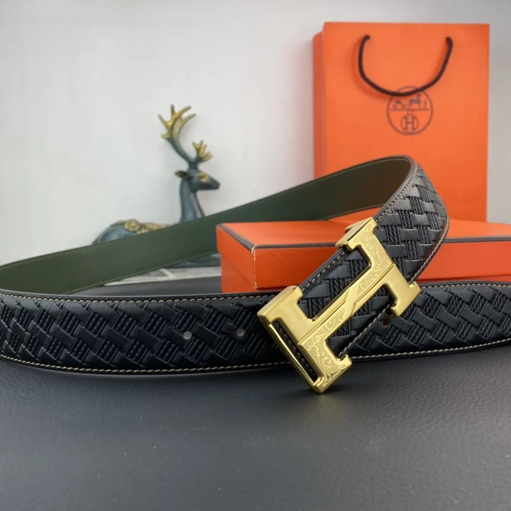 Hermes Black Woven Green Leather Belt - Hình 5