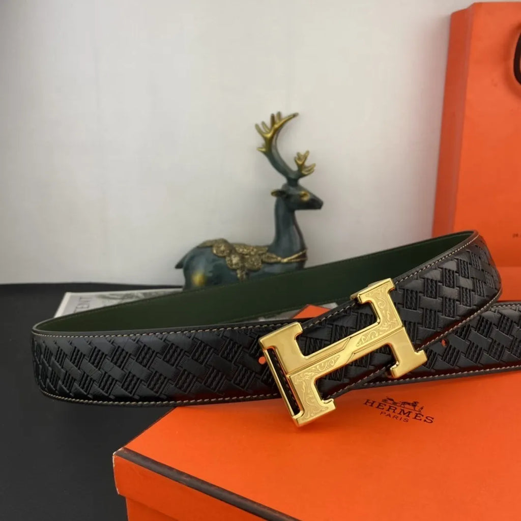 Hermes Black Woven Green Leather Belt - Hình 6