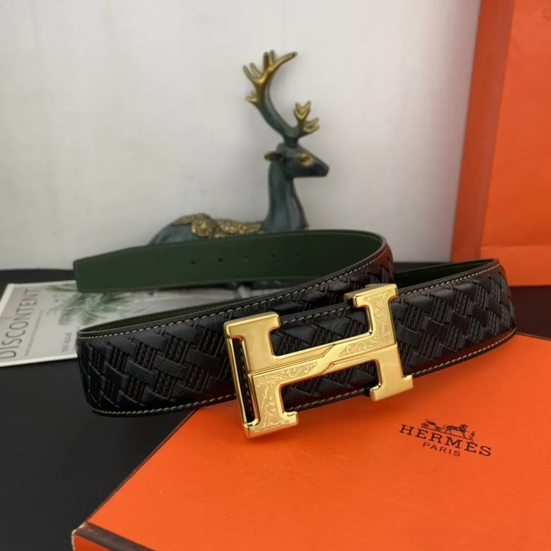 Hermes Black Woven Green Leather Belt - Hình 7